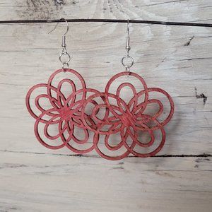 Wood Earrings - Red Looping Star